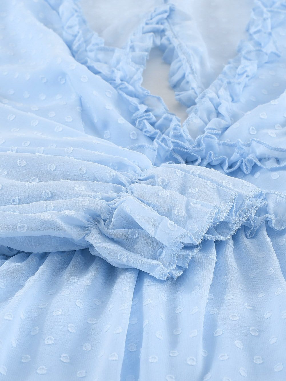 Sky Blue Swiss Dot V-Neck Mini Dress with Ruffled Layers