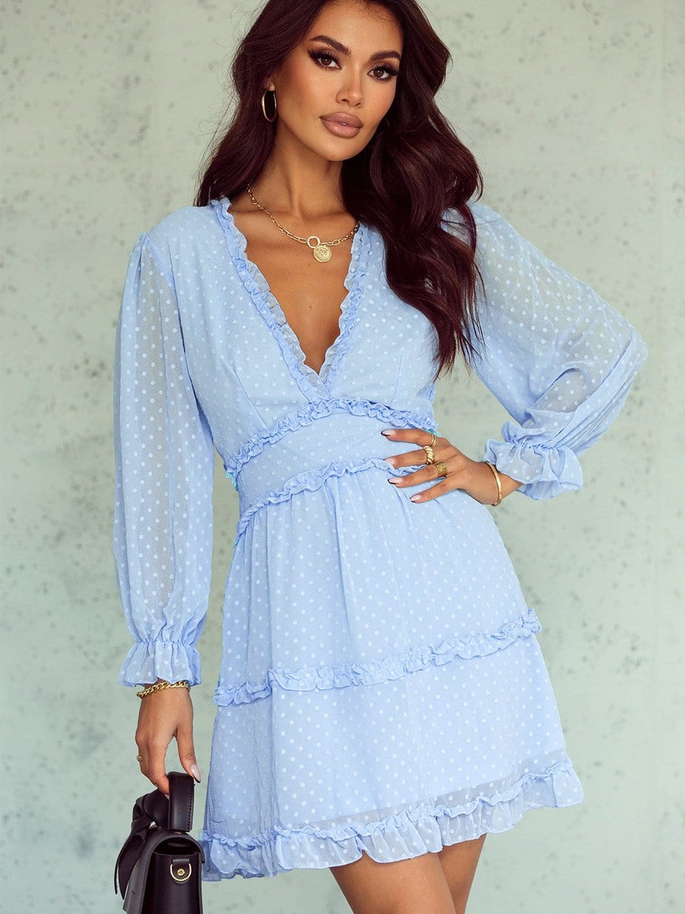 Sky Blue Swiss Dot V-Neck Mini Dress with Ruffled Layers
