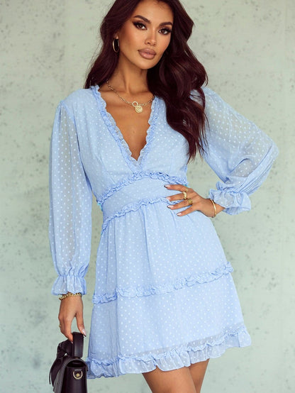 Sky Blue Swiss Dot V-Neck Mini Dress with Ruffled Layers