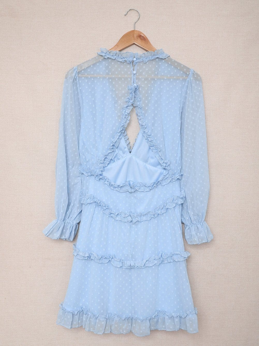 Sky Blue Swiss Dot V-Neck Mini Dress with Ruffled Layers