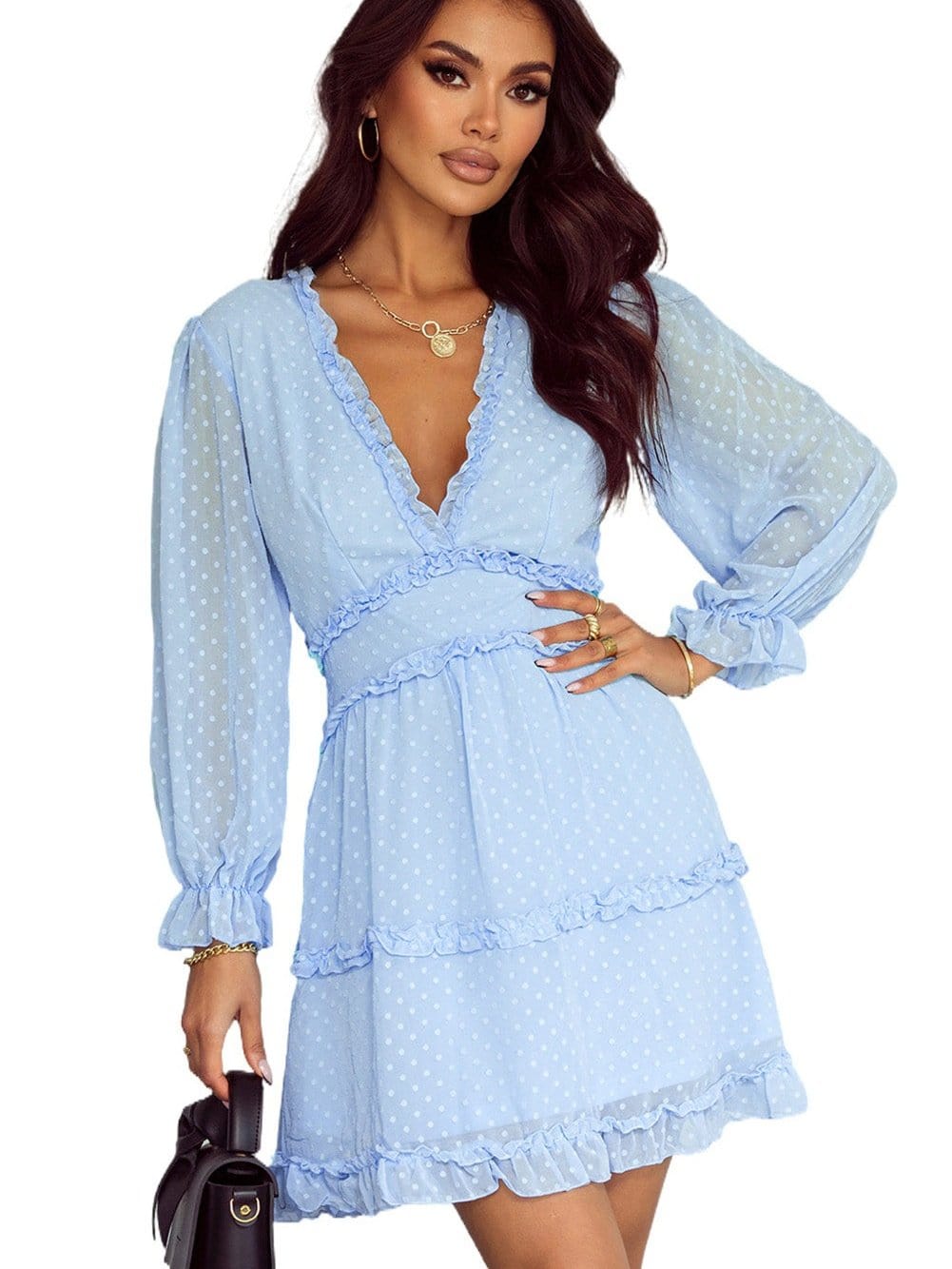 Sky Blue Swiss Dot V-Neck Mini Dress with Ruffled Layers
