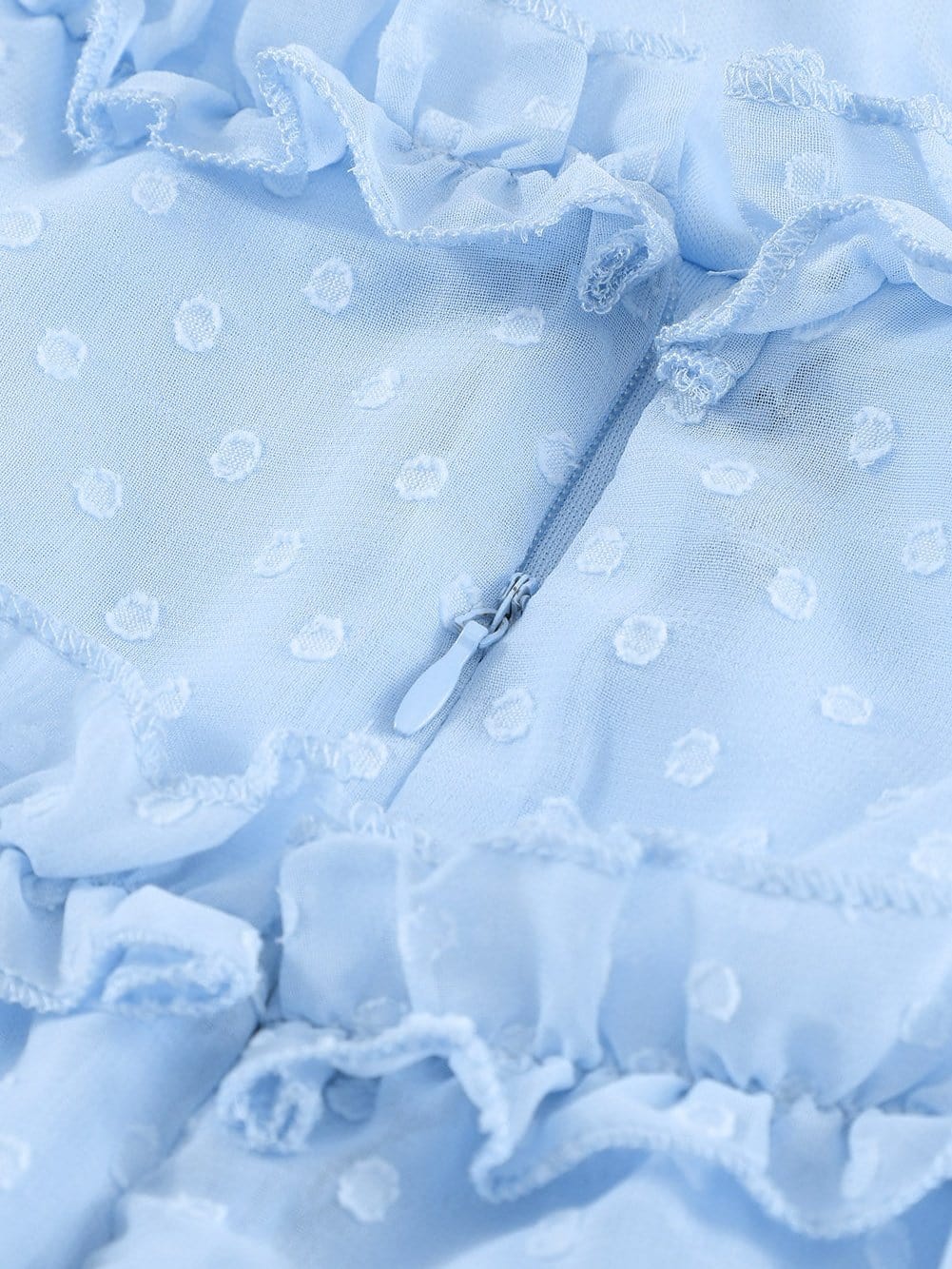 Sky Blue Swiss Dot V-Neck Mini Dress with Ruffled Layers