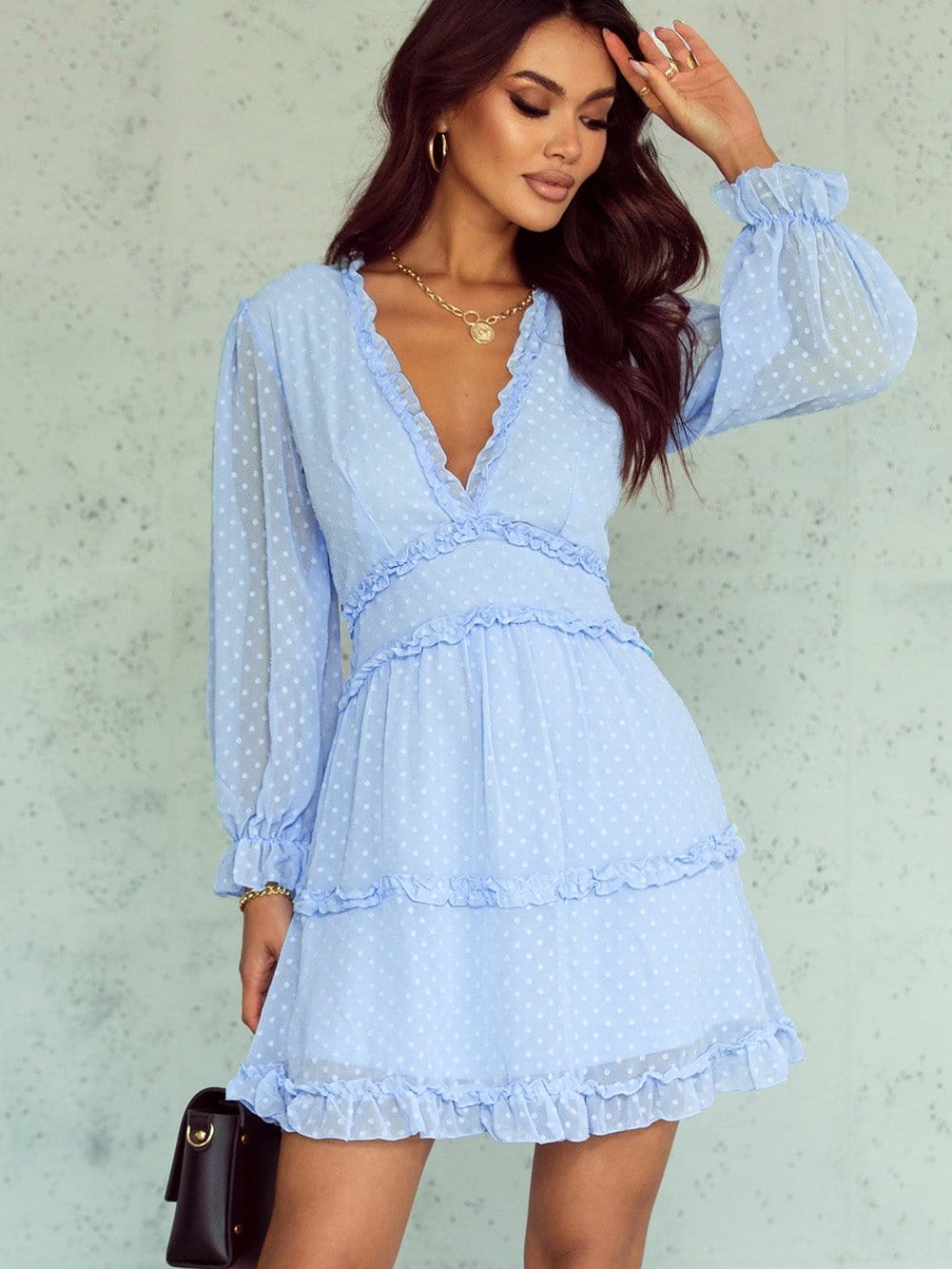 Sky Blue Swiss Dot V-Neck Mini Dress with Ruffled Layers