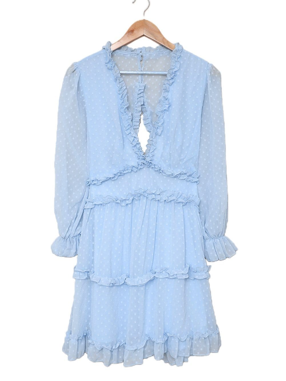 Sky Blue Swiss Dot V-Neck Mini Dress with Ruffled Layers