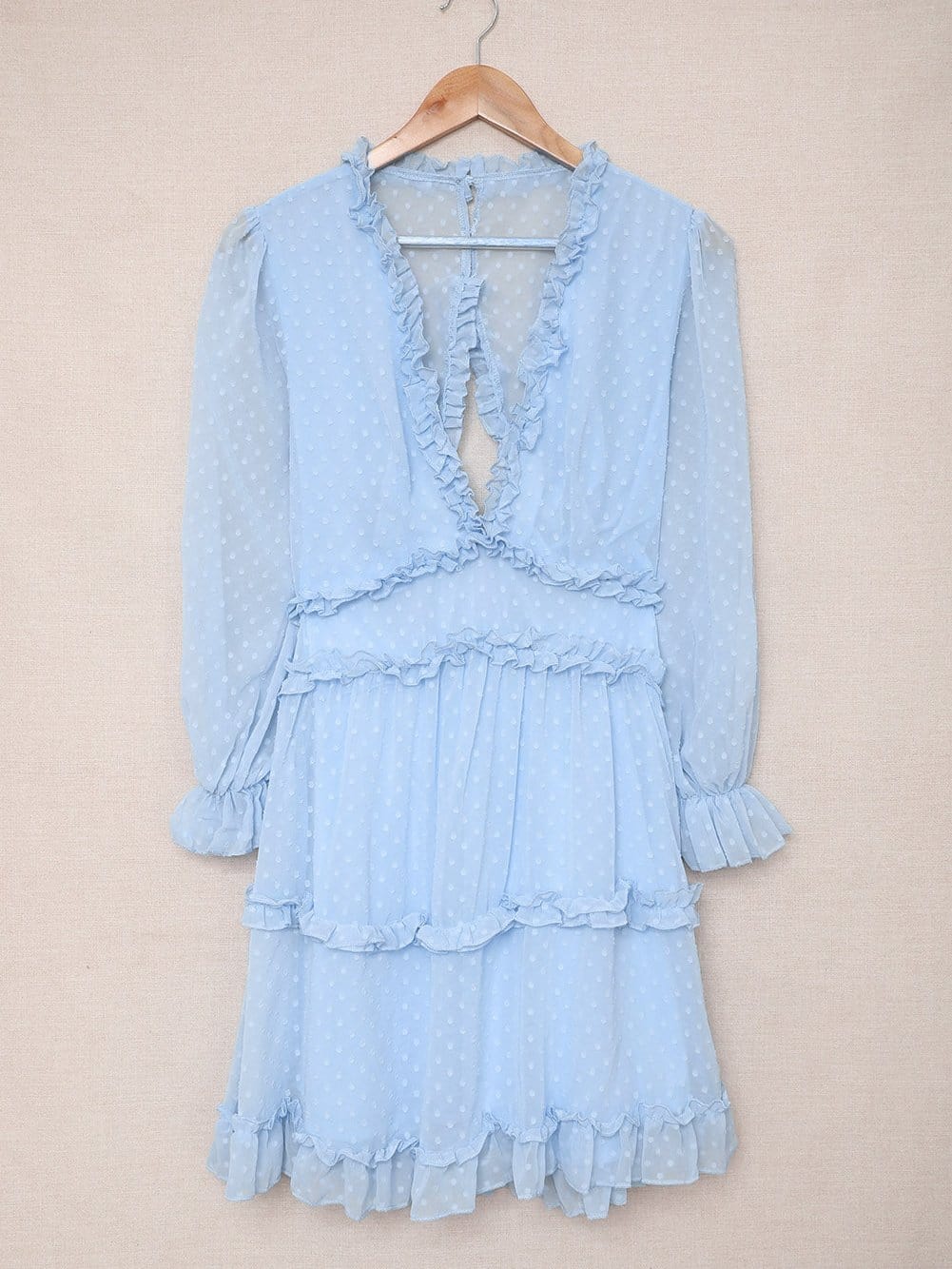 Sky Blue Swiss Dot V-Neck Mini Dress with Ruffled Layers