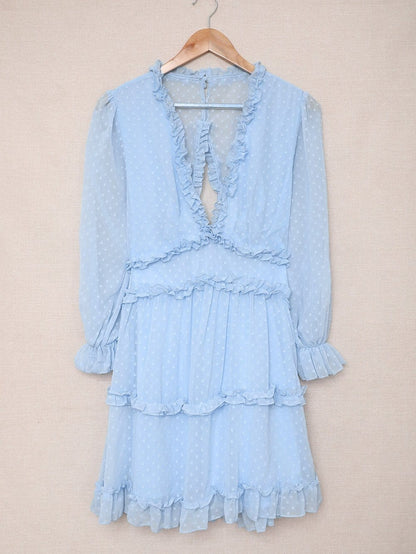 Sky Blue Swiss Dot V-Neck Mini Dress with Ruffled Layers