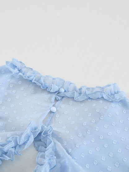 Sky Blue Swiss Dot V-Neck Mini Dress with Ruffled Layers