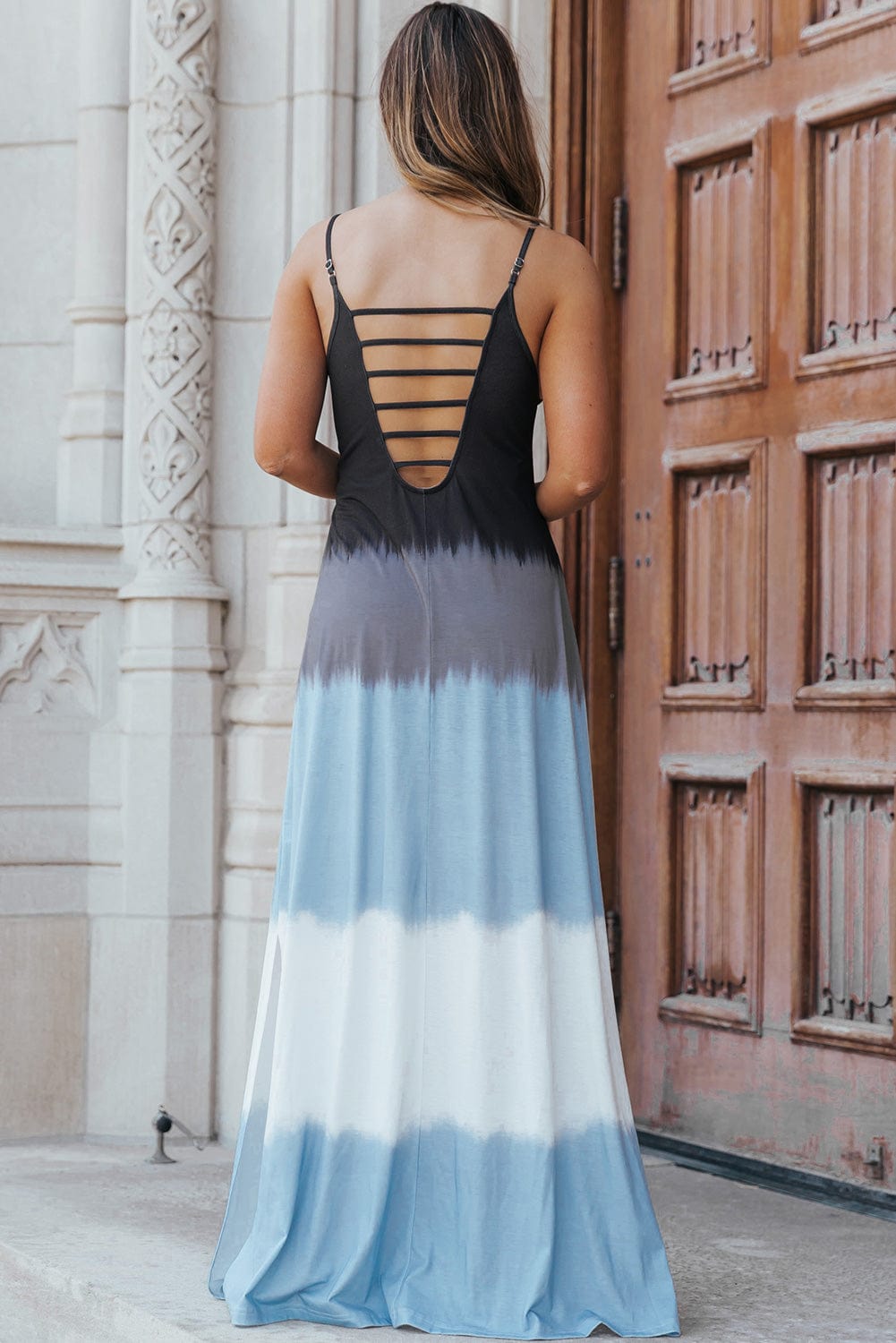 Sky Blue Tie Dye Maxi Dress with Spaghetti Straps and Slit