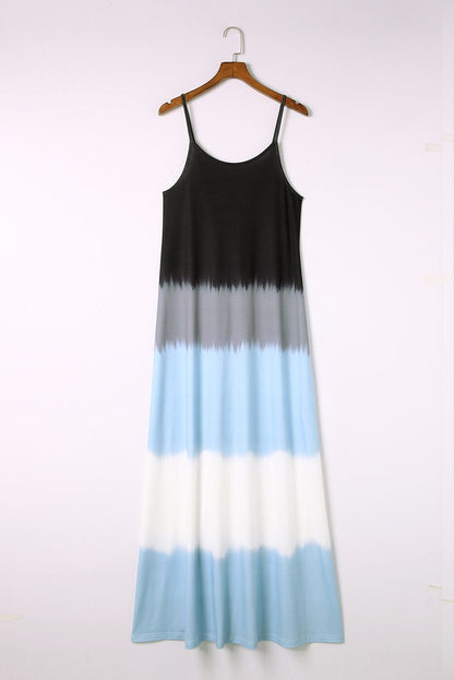 Sky Blue Tie Dye Maxi Dress with Spaghetti Straps and Slit