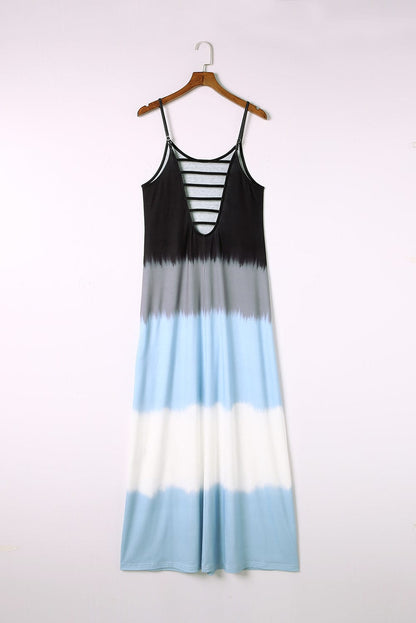 Sky Blue Tie Dye Maxi Dress with Spaghetti Straps and Slit