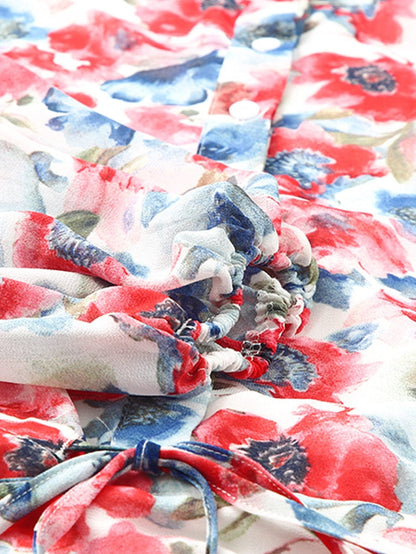 Sky Blue Vintage Floral Print Drawstring Flowy Mini Dress