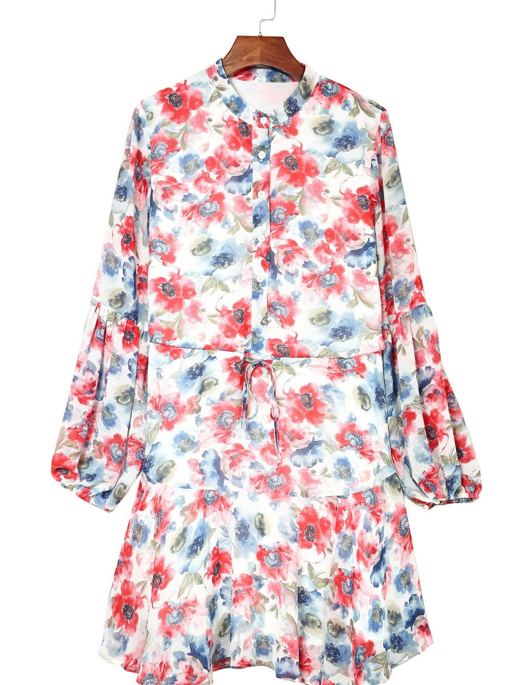 Sky Blue Vintage Floral Print Drawstring Flowy Mini Dress
