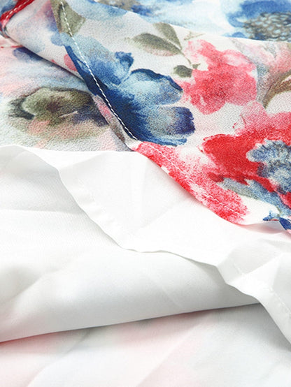 Sky Blue Vintage Floral Print Drawstring Flowy Mini Dress