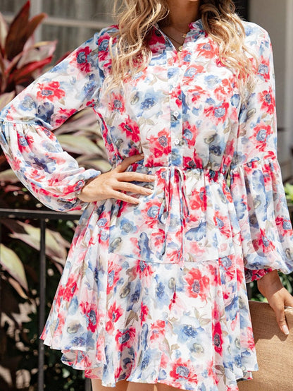 Sky Blue Vintage Floral Print Drawstring Flowy Mini Dress