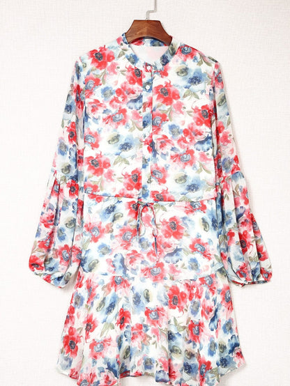 Sky Blue Vintage Floral Print Drawstring Flowy Mini Dress