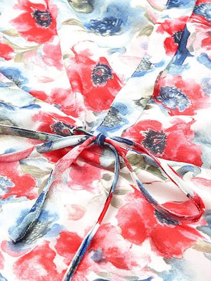 Sky Blue Vintage Floral Print Drawstring Flowy Mini Dress