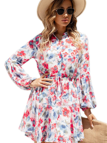 Sky Blue Vintage Floral Print Drawstring Flowy Mini Dress