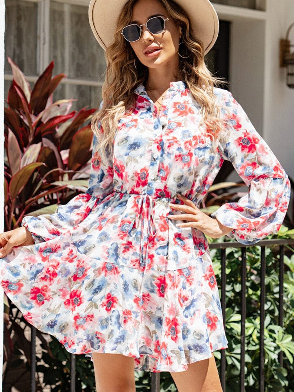 Sky Blue Vintage Floral Print Drawstring Flowy Mini Dress