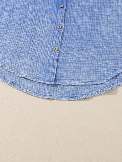 Sky Blue Vintage Wash Crinkle Textured Oversized Shirt with Chest Pockets