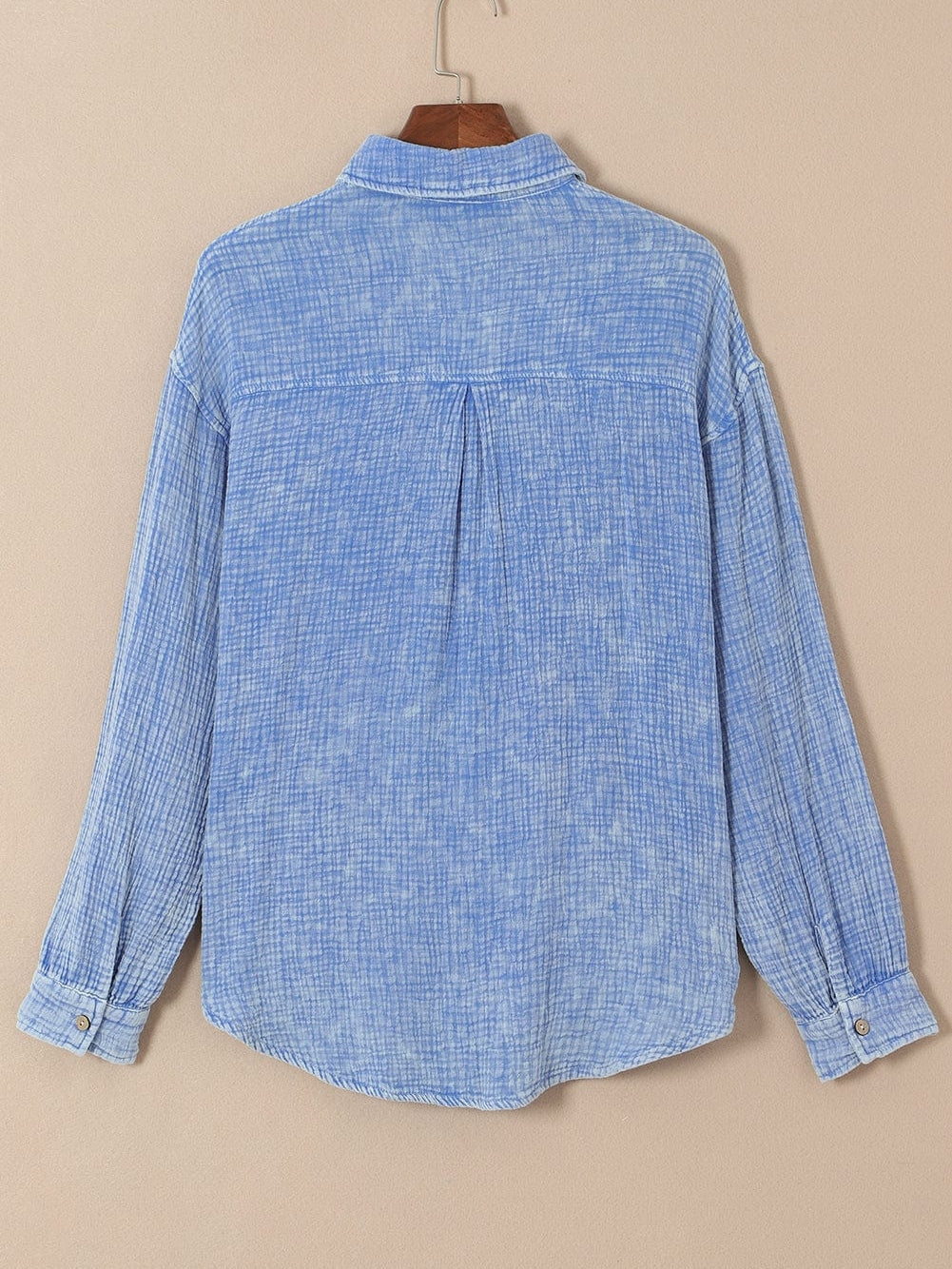 Sky Blue Vintage Wash Crinkle Textured Oversized Shirt with Chest Pockets