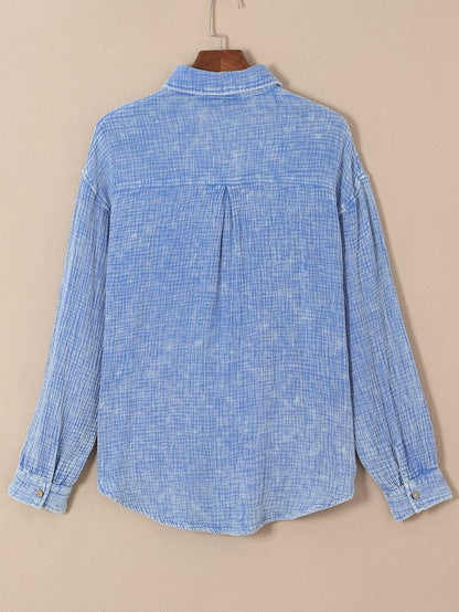 Sky Blue Vintage Wash Crinkle Textured Oversized Shirt with Chest Pockets