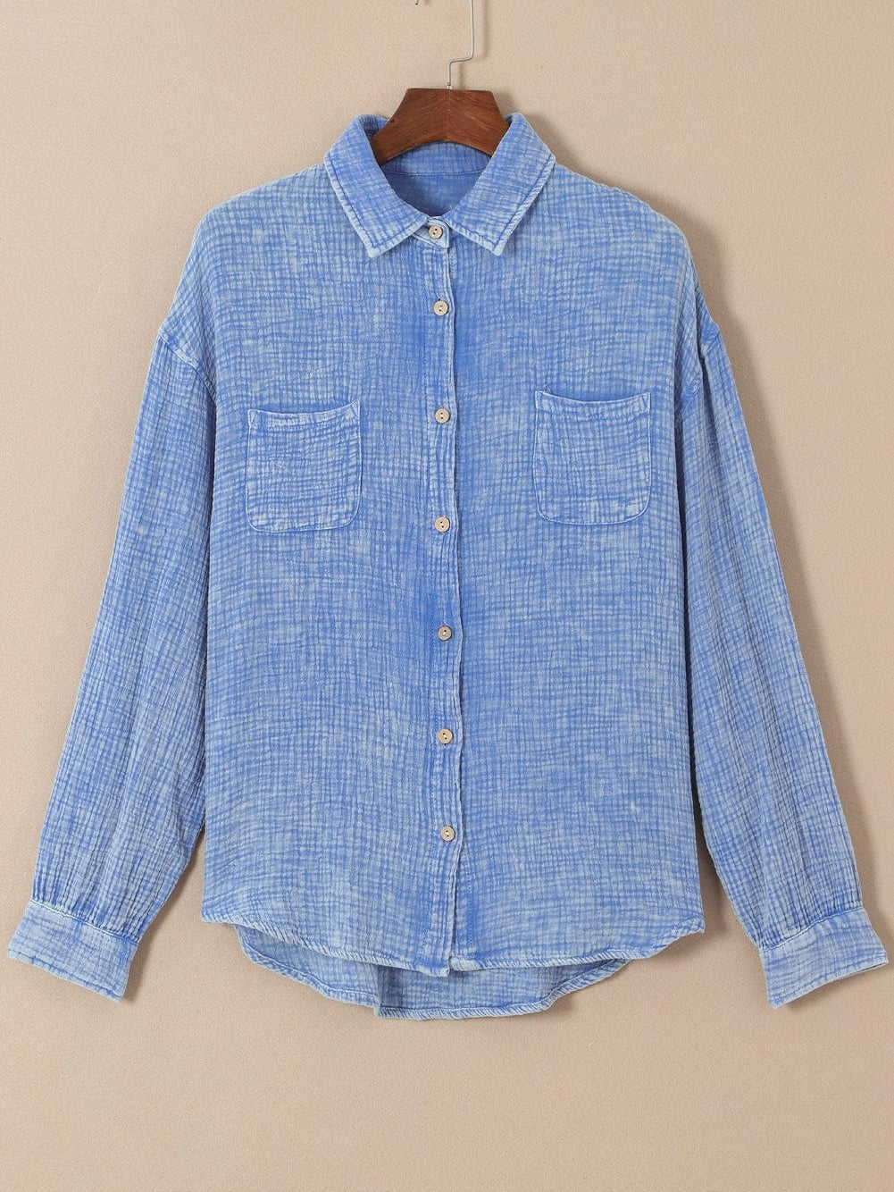 Sky Blue Vintage Wash Crinkle Textured Oversized Shirt with Chest Pockets