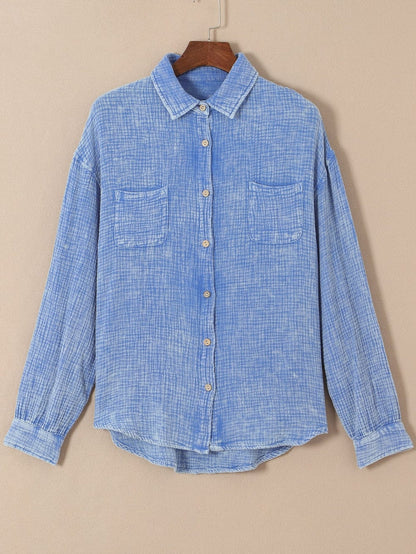 Sky Blue Vintage Wash Crinkle Textured Oversized Shirt with Chest Pockets