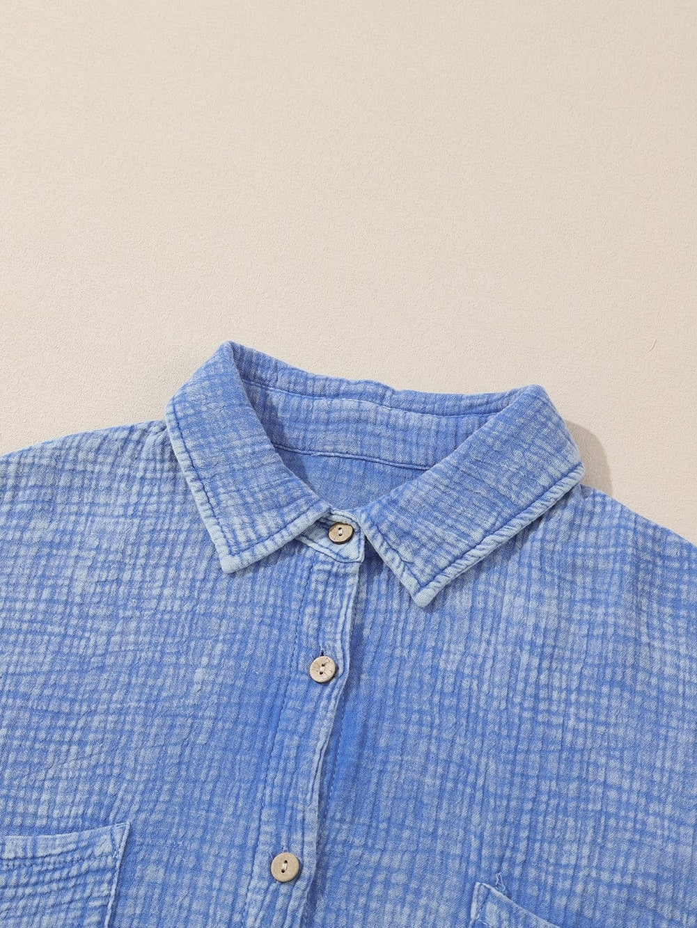 Sky Blue Vintage Wash Crinkle Textured Oversized Shirt with Chest Pockets