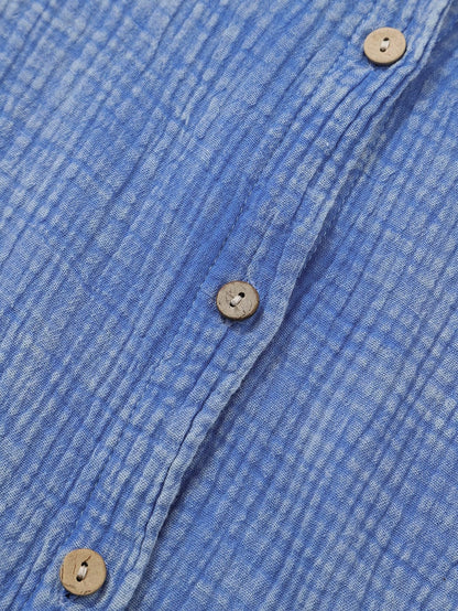 Sky Blue Vintage Wash Crinkle Textured Oversized Shirt with Chest Pockets