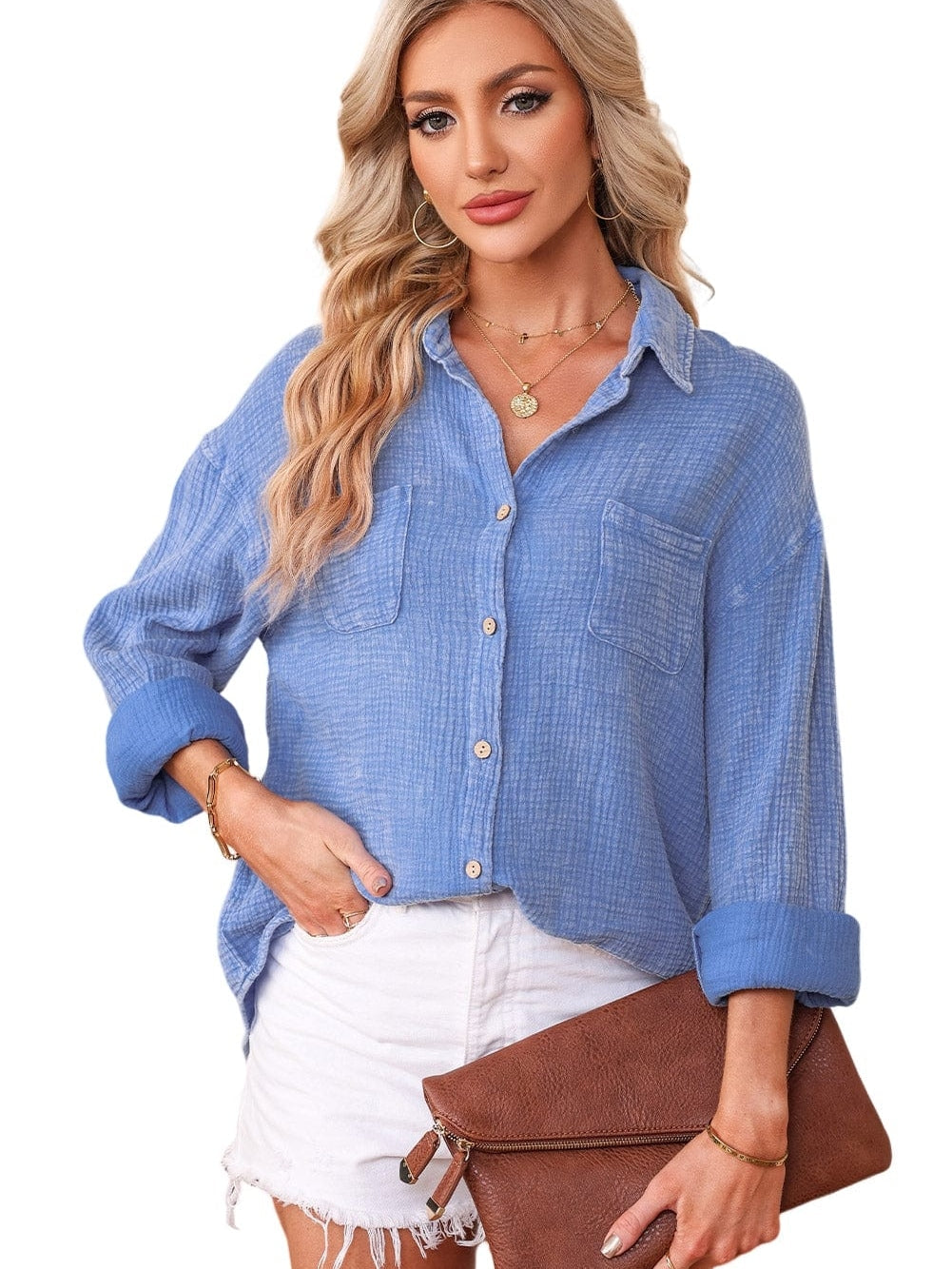 Sky Blue Vintage Wash Crinkle Textured Oversized Shirt with Chest Pockets