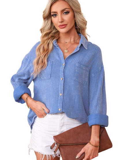 Sky Blue Vintage Wash Crinkle Textured Oversized Shirt with Chest Pockets