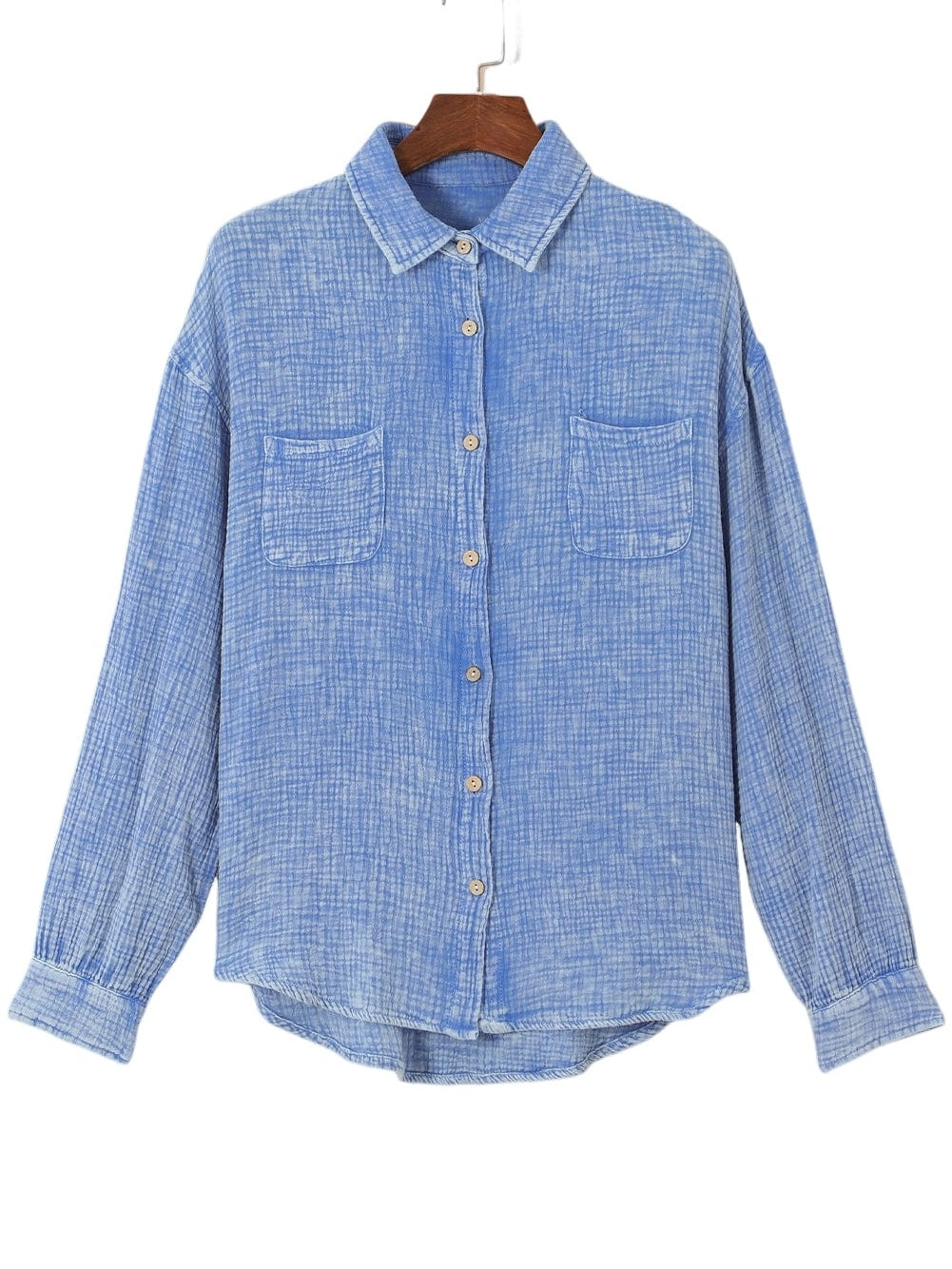Sky Blue Vintage Wash Crinkle Textured Oversized Shirt with Chest Pockets