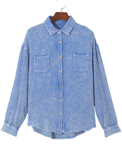 Sky Blue Vintage Wash Crinkle Textured Oversized Shirt with Chest Pockets