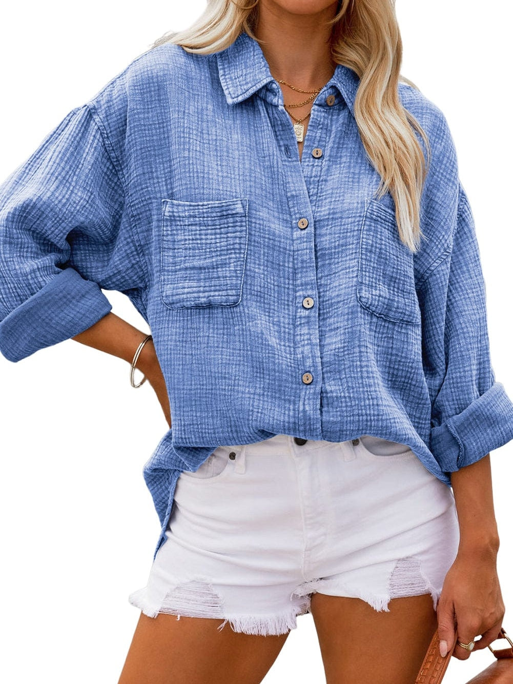 Sky Blue Vintage Wash Crinkle Textured Oversized Shirt with Chest Pockets