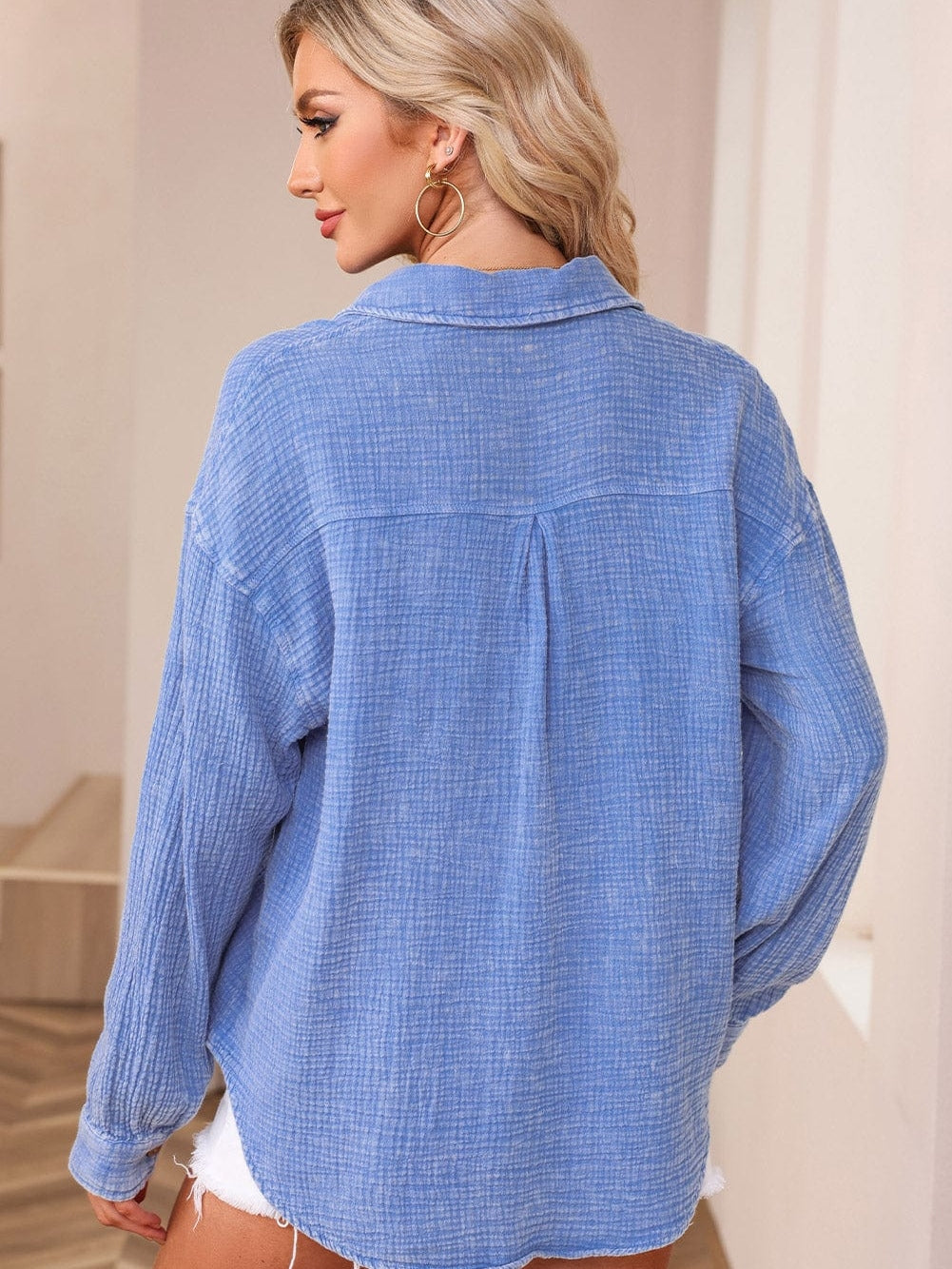 Sky Blue Vintage Wash Crinkle Textured Oversized Shirt with Chest Pockets