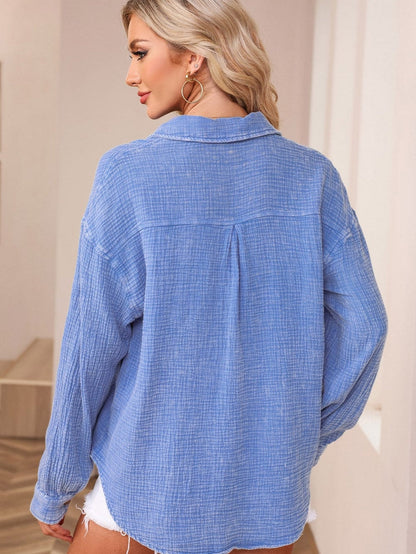 Sky Blue Vintage Wash Crinkle Textured Oversized Shirt with Chest Pockets
