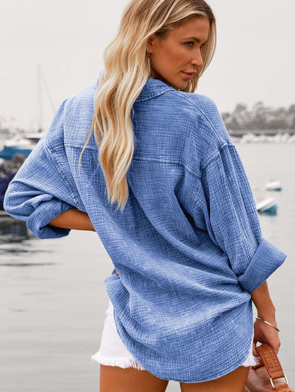 Sky Blue Vintage Wash Crinkle Textured Oversized Shirt with Chest Pockets