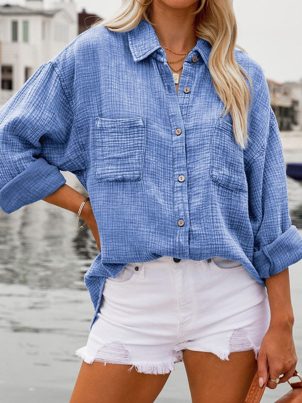 Sky Blue Vintage Wash Crinkle Textured Oversized Shirt with Chest Pockets