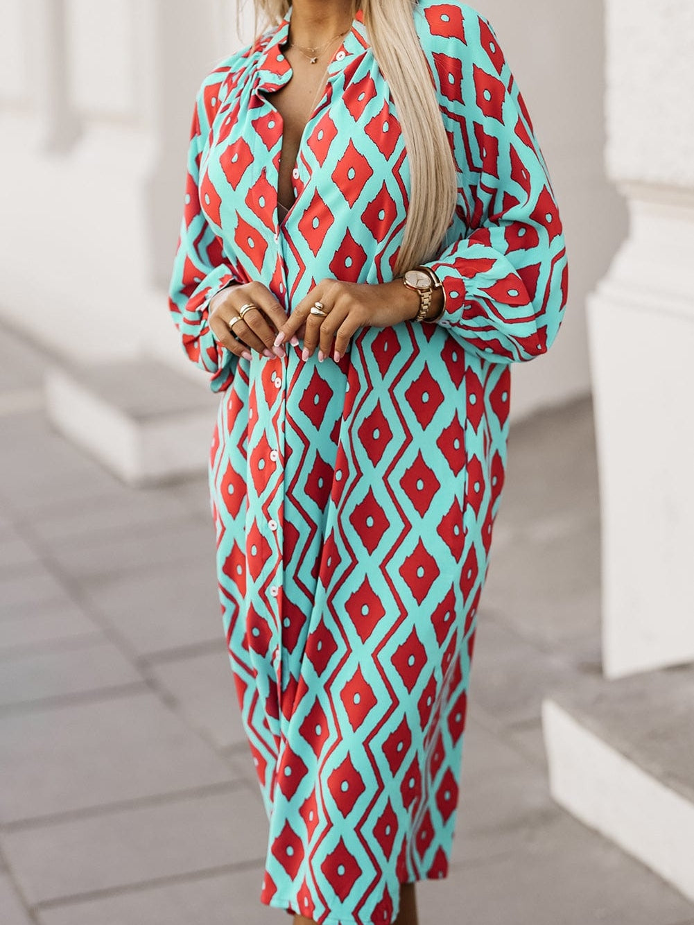 Sky Blue Western Geometric Print Split Buttoned Shirt Dress - Elegant Geometric Print High Waist Midi Dress