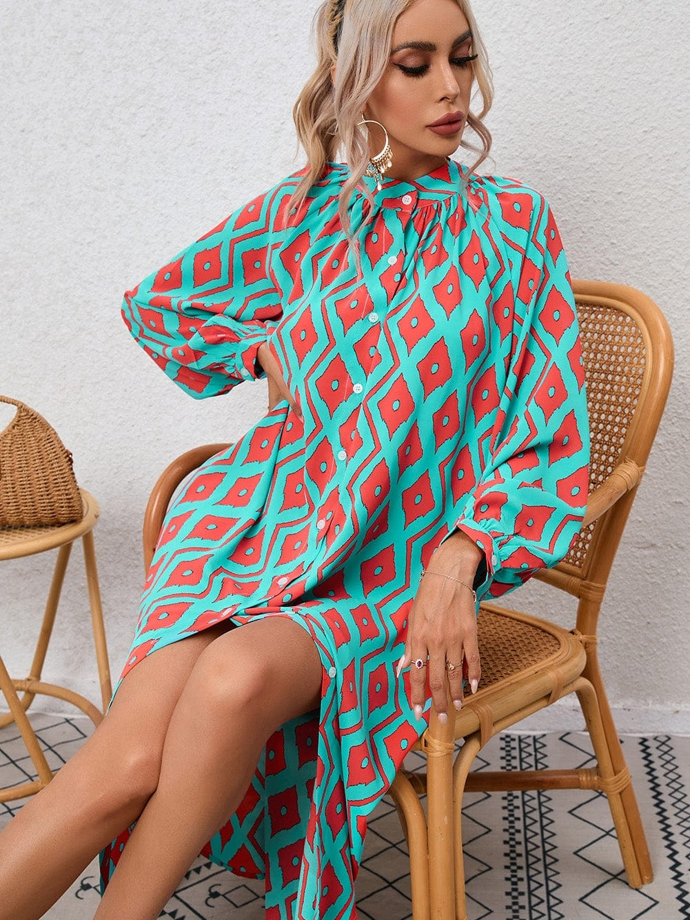 Sky Blue Western Geometric Print Split Buttoned Shirt Dress - Elegant Geometric Print High Waist Midi Dress