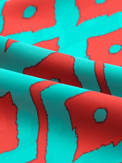 Sky Blue Western Geometric Print Split Buttoned Shirt Dress - Elegant Geometric Print High Waist Midi Dress