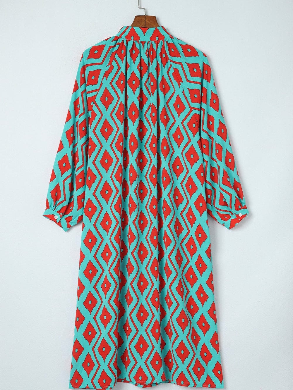 Sky Blue Western Geometric Print Split Buttoned Shirt Dress - Elegant Geometric Print High Waist Midi Dress