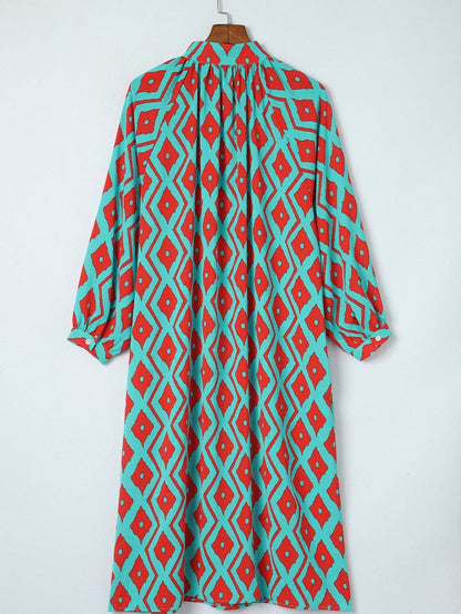 Sky Blue Western Geometric Print Split Buttoned Shirt Dress - Elegant Geometric Print High Waist Midi Dress
