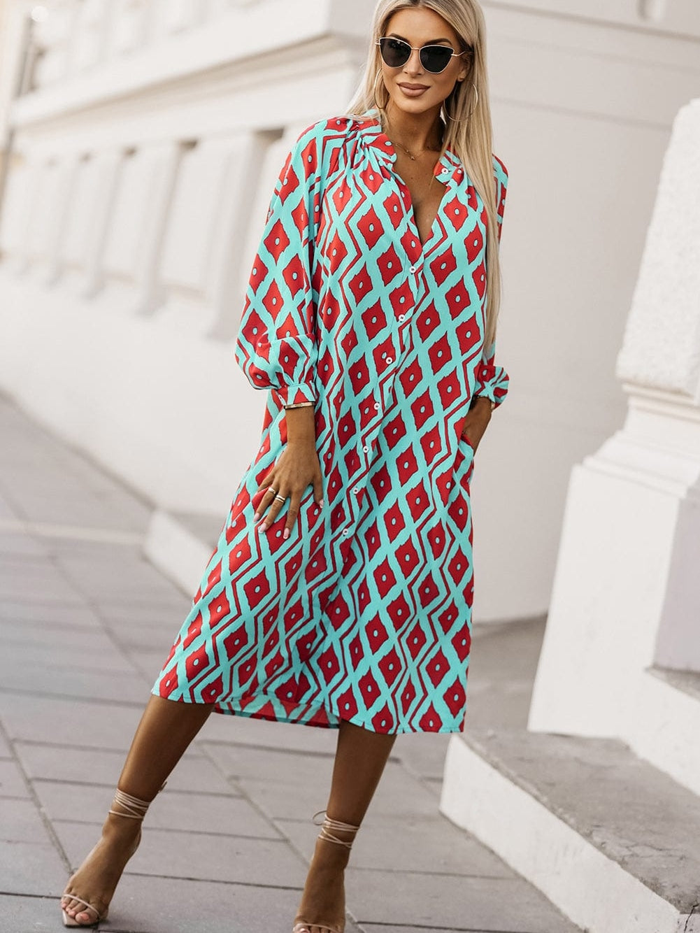 Sky Blue Western Geometric Print Split Buttoned Shirt Dress - Elegant Geometric Print High Waist Midi Dress