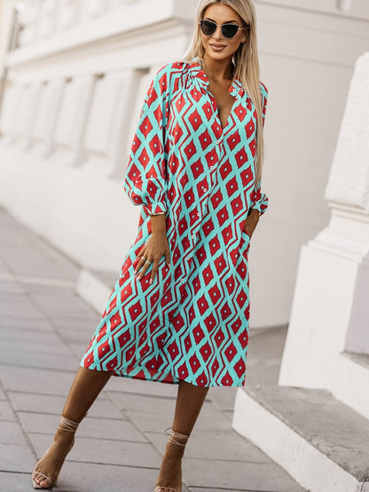 Sky Blue Western Geometric Print Split Buttoned Shirt Dress - Elegant Geometric Print High Waist Midi Dress