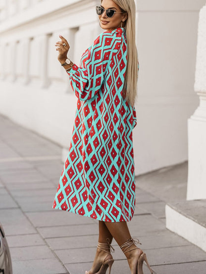 Sky Blue Western Geometric Print Split Buttoned Shirt Dress - Elegant Geometric Print High Waist Midi Dress