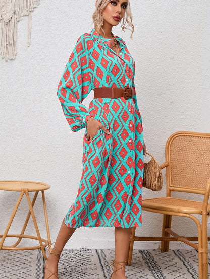 Sky Blue Western Geometric Print Split Buttoned Shirt Dress - Elegant Geometric Print High Waist Midi Dress