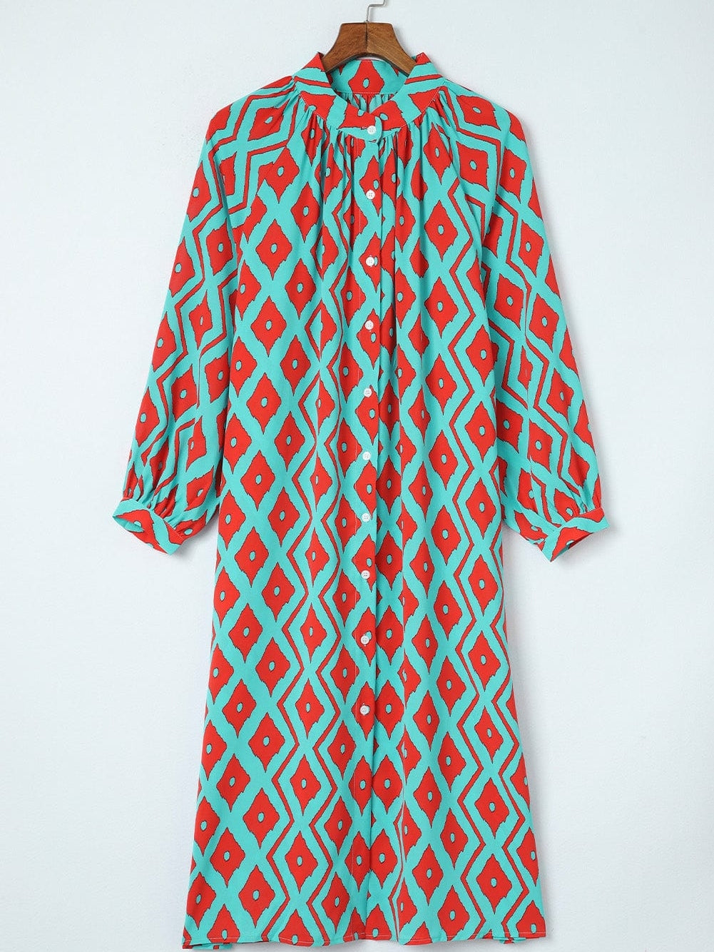 Sky Blue Western Geometric Print Split Buttoned Shirt Dress - Elegant Geometric Print High Waist Midi Dress