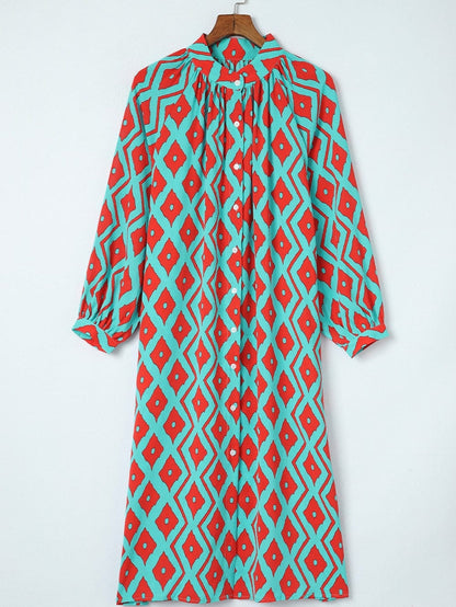 Sky Blue Western Geometric Print Split Buttoned Shirt Dress - Elegant Geometric Print High Waist Midi Dress
