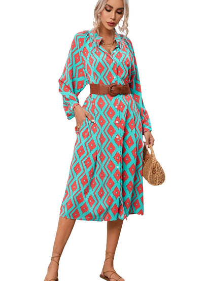 Sky Blue Western Geometric Print Split Buttoned Shirt Dress - Elegant Geometric Print High Waist Midi Dress